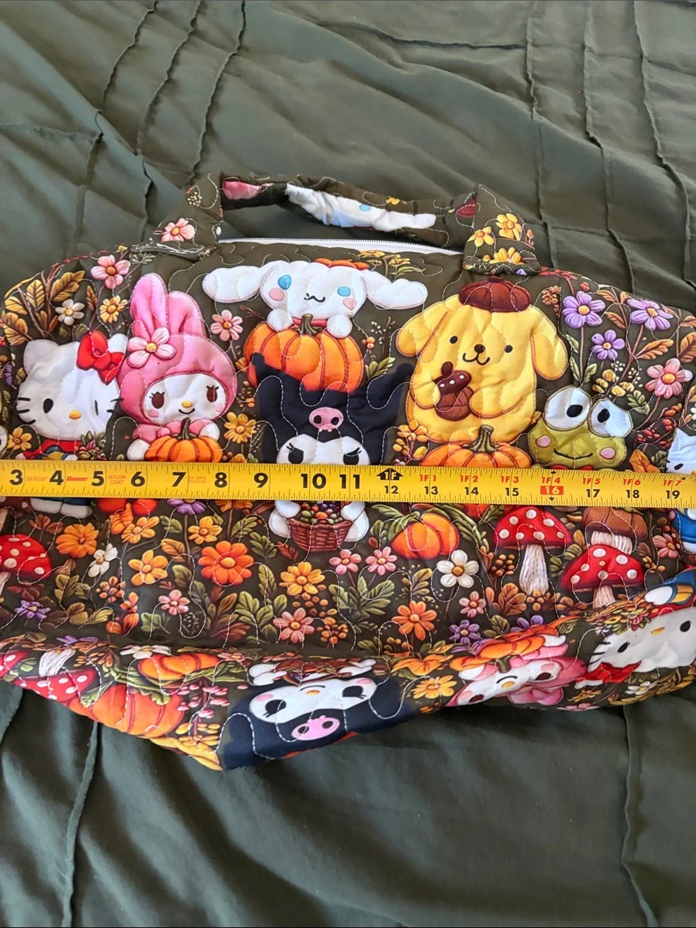 Sanrio Quilted Carrier Bag in Olive Green with Autumn Character Print New Large